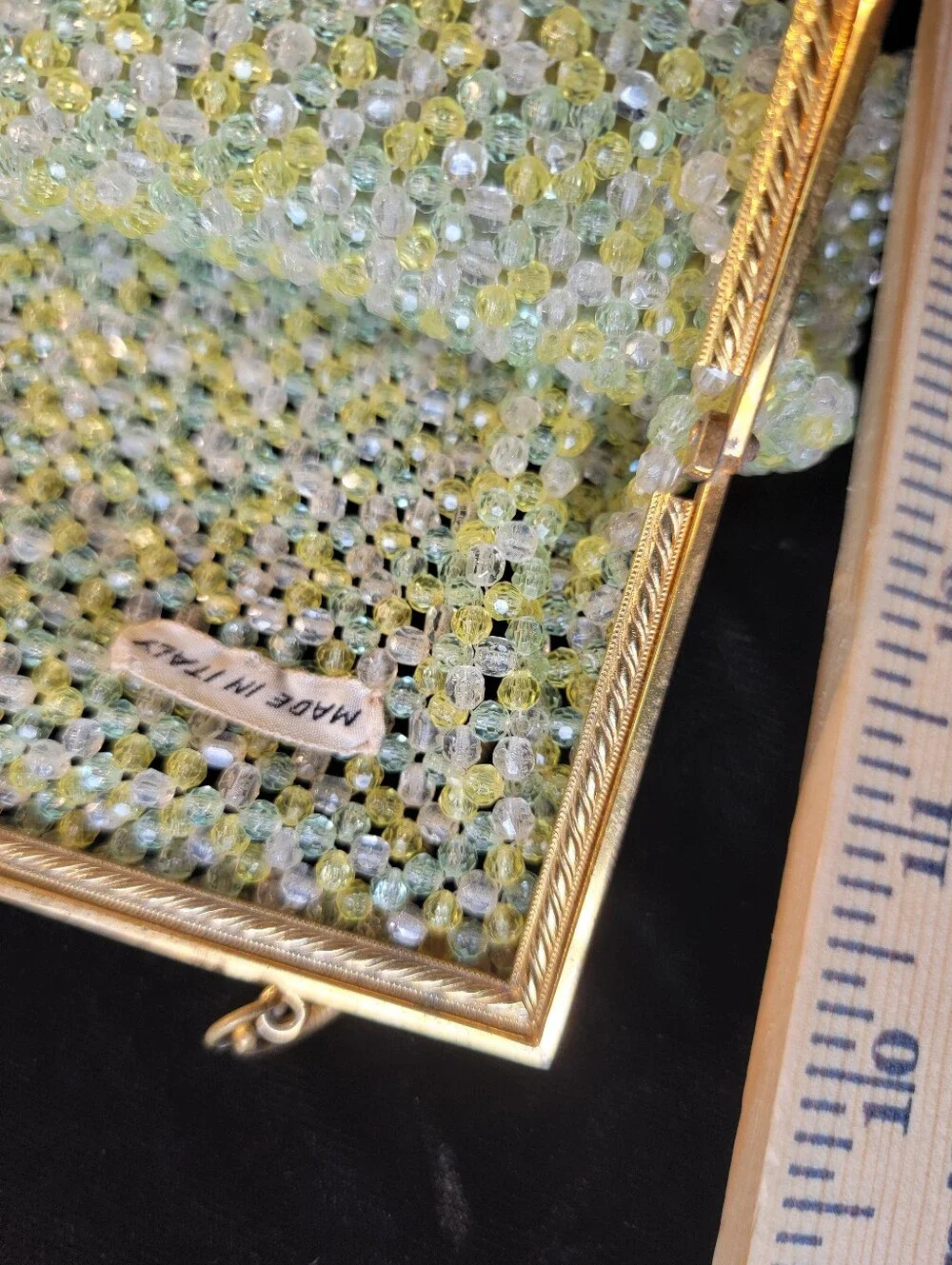 Vintage Mid-Century Italian Beaded Kiss-lock Purse Yellow, Green, Clear - Picture 9 of 12